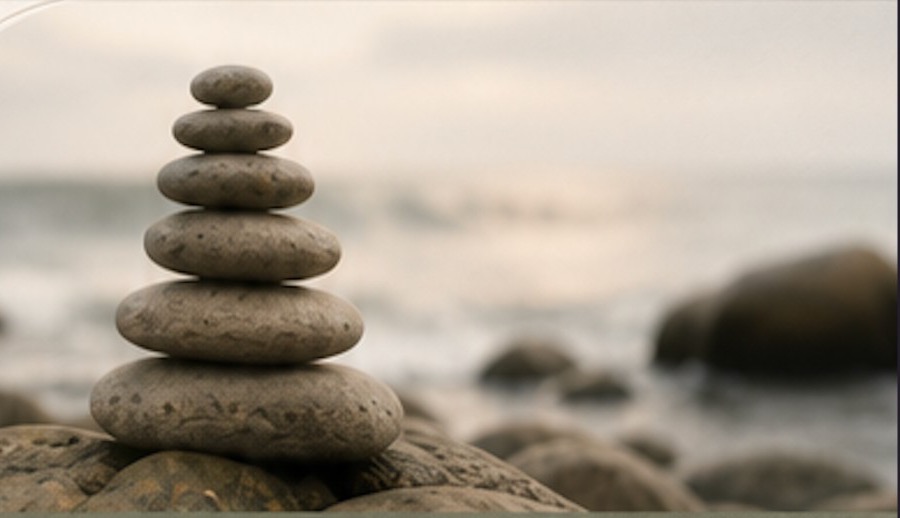 Balanced stack of stones on a beach at dusk